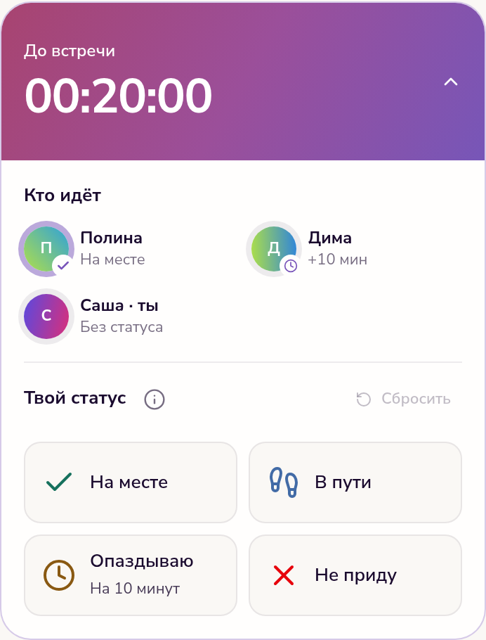 Сбор на встречу: до начала 20 минут, статусы участников и кнопки «На месте», «В пути», «Опаздываю», «Не приду».