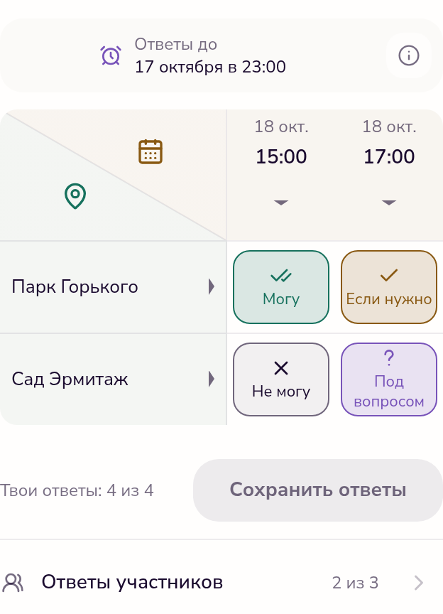 Голосование за план: места по строкам, время по столбцам, четыре варианта ответа и кнопка «Сохранить ответы».